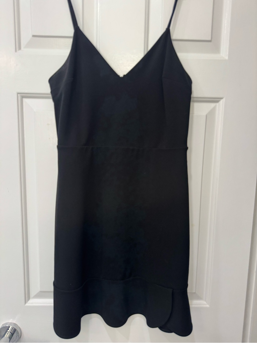 Express Black Spaghetti-Strap Mini Dress with Scalloped Hem